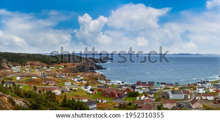 Panoramic view of a small town on the Atlantic Ocean Coast. Colorful Blue Sky Art Render. Taken in Crow Head, North Twillingate Island, Newfoundland and Labrador, Canada.