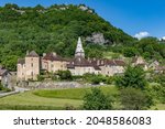 panoramic view of small village Baume les Messieurs in french Jura Region with castle
