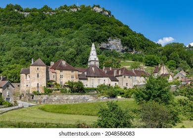 panoramic view of small village Baume les Messieurs in french Jura Region with castle - Shutterstock ID 2048586083