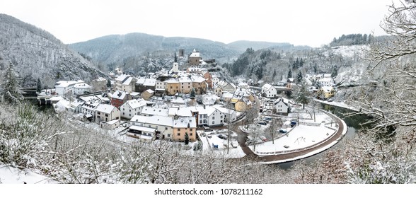 Panoramic View Of Snow Covered Esch Sur Sure Town In Luxembourg