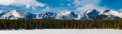 Panoramic View Of The Snow Covered Rocky Mountains On A Sunny, Winter Day With A Forest And Frozen Lake View In Rocky Mountain National Park Near Estes Park, Colorado