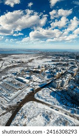 panoramic view of the snow-covered district of Meden Rudnik, shot with a drone,Burgas,Bulgaria
