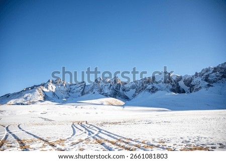 Panoramic view of a snow-covered mountain range under a clear blue sky with visible tire tracks on the snowy ground in the foreground