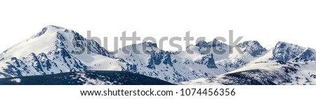 Panoramic view of snowy mountains in a mountain range isolated over white