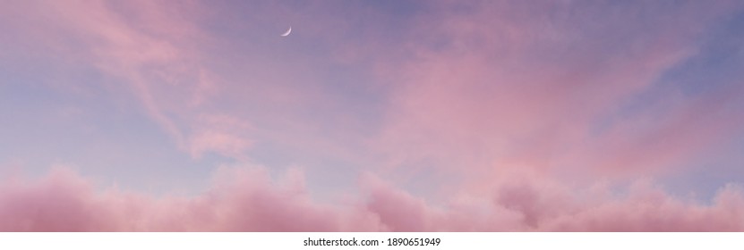 Panoramic View To Soft Purple Sky With Fluffy Clouds And Crescent Moon