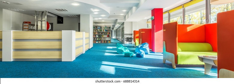 Panoramic View Of Spacious College Library Interior With Individual Study Space