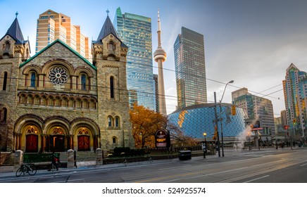 Panoramic view of St Andrew's Presbyterian Church and CN Tower - Toronto, Ontario, Canada
