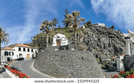 Panoramic view at the St. António church on Ponta do Sol, a small touristic village in the city of Funchal, buildings and cliffs, Madeira Island, Portugal