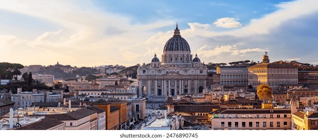Panoramic view of St. Peter's Basilica in the Vatican city, Rome, Italy. Panorama of Saint Peter Basilica in Vatican City at Rome, Italy and Street Via della Conciliazione at sunset sky.
