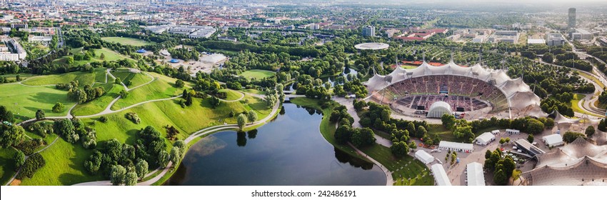 Panoramic view at Stadium of the Olympiapark in Munich, Germany