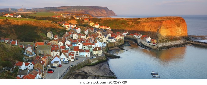 Panoramic view of Staithes on the North Yorkshire Coast. England, UK.