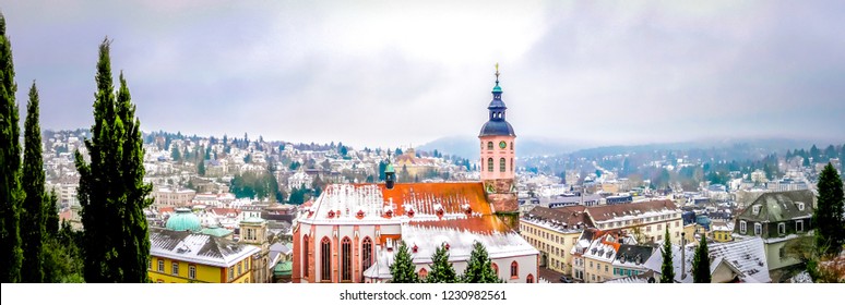 Panoramic view of Stiftskirche church with Baden-baden small cute town in winter fairytale in the Black Forest southwest of Germany. Famous German city with spa for vacations, holidays. - Powered by Shutterstock