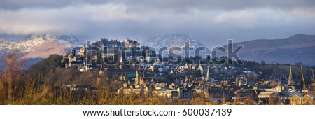 Panoramic view of the Stirling Castle and the old town with the Highlands at the background.