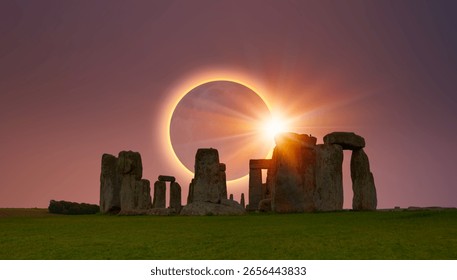 Panoramic view of Stonehenge with Solar Eclipse at amazing sunset - United Kingdom
