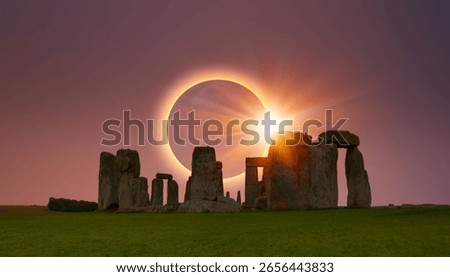 Panoramic view of Stonehenge with Solar Eclipse at amazing sunset - United Kingdom
