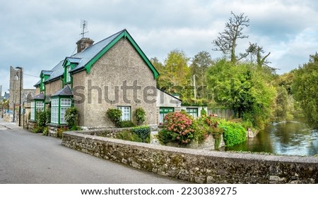 Panoramic view to street and river in Cong village. County Mayo, Ireland