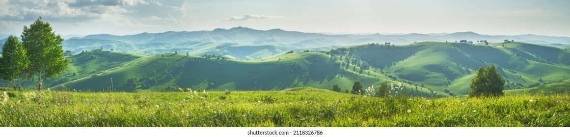 Panoramic view of a summer evening in the mountains, green meadows, mountain slopes and hills - Shutterstock ID 2118326786