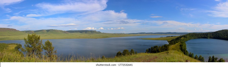 Panoramic View Of Summer Landscape With Crater Lakes In Khakassia, Russia. Background For Travel And Tourism In Siberia.