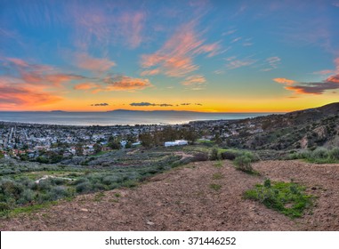 Panoramic view of sun setting off Ventura's gold coast.