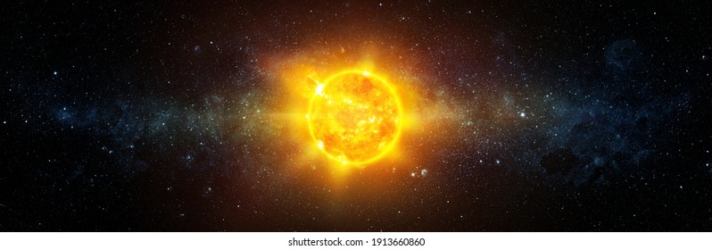 Panoramic view of the Sun, star and galaxy.  A wide view of the sun and stars from space. Concept on theme of ecology, environment, Earth Day. Elements of this image furnished by NASA.  - Shutterstock ID 1913660860