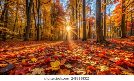 A panoramic view of a sun-dappled forest floor, showcasing a mosaic of fallen leaves - Powered by Shutterstock