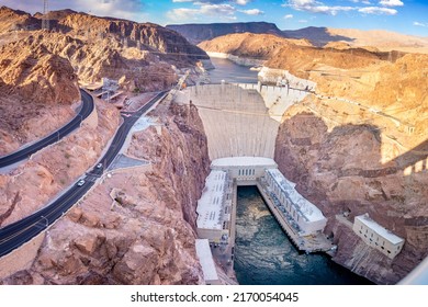 Panoramic View Of A Sunset At The Hoover Dam, From The Memorial Bridge