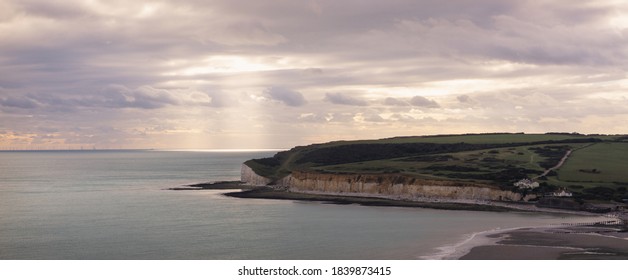 Panoramic View Of A Sunset Over The White Cliffs Dover Seven Sisters
