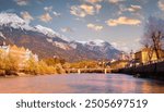 Panoramic view of sunset scene at Innsbruck cityscape, colorful historic buildings in Innsbruck, Austria