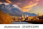 Panoramic view of sunset scene at Innsbruck cityscape, colorful historic buildings in Innsbruck, Austria