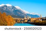 Panoramic view of sunshine day scene at Innsbruck cityscape, colorful historic buildings in Innsbruck, Austria