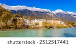 Panoramic view of sunshine day scene at Innsbruck cityscape, colorful historic buildings in Innsbruck, Austria