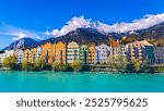 Panoramic view of sunshine day scene at Innsbruck cityscape, colorful historic buildings in Innsbruck, Austria