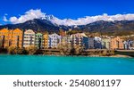 Panoramic view of sunshine day scene at Innsbruck cityscape, colorful historic buildings in Innsbruck, Austria