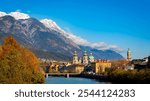 Panoramic view of sunshine day scene at Innsbruck cityscape, colorful historic buildings in Innsbruck, Austria