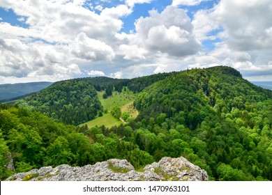 Panoramic View Of Swabian Alb With Sheep Heard.