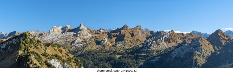 A panoramic view of the Swiss Alps from the peak of Fronalpstock, Switzerland