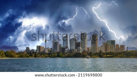 Panoramic view of Sydney Harbour and Downtown skyline during a storm, New South Wales - Australia