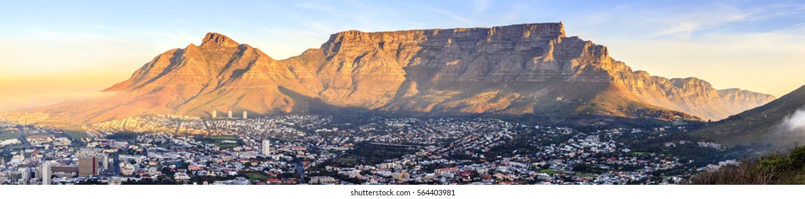 Panoramic view of Table Mountain in Cape Town, South Africa at sunset