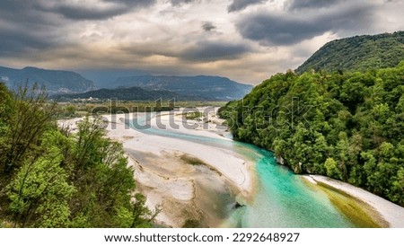 Panoramic view of Tagliamento river flowing between Pinzano and Ragogna. Border between the two provinces of Udine and Pordenone, Friuli Venezia Giulia region, Italy.