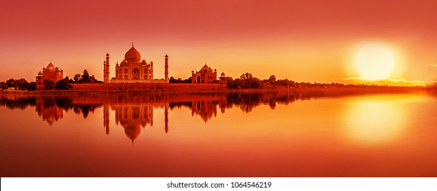 Panoramic view of Taj Mahal during sunset reflected in  Yamuna river, in Agra , Uttar Pradesh, India