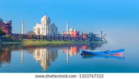 Panoramic view of Taj Mahal reflected in Yamuna river - Agra , Uttar Pradesh, India