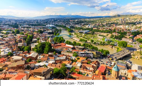 Panoramic View Of Tbilisi City From The Narikala Fortress, Old Town And Modern Architecture. Tbilisi The Capital Of Georgia.