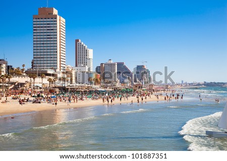 Panoramic view of the  Tel-Aviv public beach on Mediterranean sea. Israel