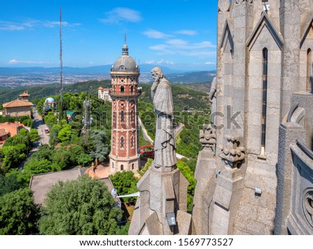 Panoramic view from the Temple of the Sacred Heart of Jesus at Mount Tibidabo in Barcalona, Spain
