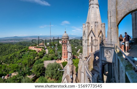 Panoramic view from the Temple of the Sacred Heart of Jesus at Mount Tibidabo in Barcalona, Spain