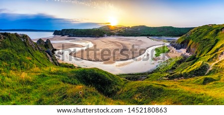 Panoramic view of Three Cliffs Bay, Gower, Wales, UK.