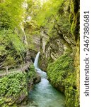 Panoramic view of Thurfälle, Thur waterfalls, in Toggenburg. St. Gallen, Switzerland. Vertical. High quality photo