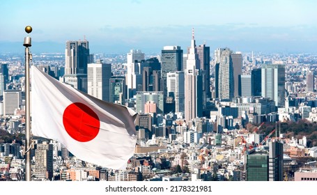 Panoramic view of Tokyo and Japanese flag, Japan - Shutterstock ID 2178321981