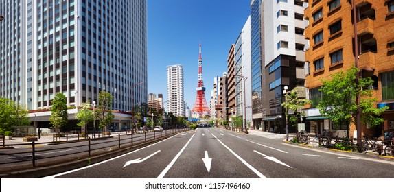 Panoramic View To The Tokyo Tower, Japan. Cityscape With Many Modern Business Buildings On Sakurada Street