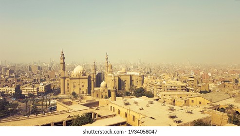 Panoramic view from the top of the Citadel of Saladin, overlooking Old Cairo, the Mosque of Sultan Hassan and Al-Rifa'i Mosque, Cairo, Egypt